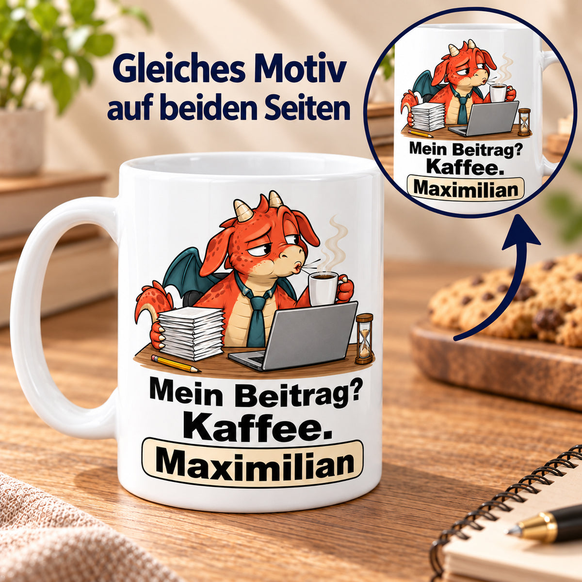 Personalisierte weiße Drachentasse mit Roter Beitragsdrache, Spruch „Mein Beitrag? Kaffee.“ und Wunschname – Beidseitiger Druck