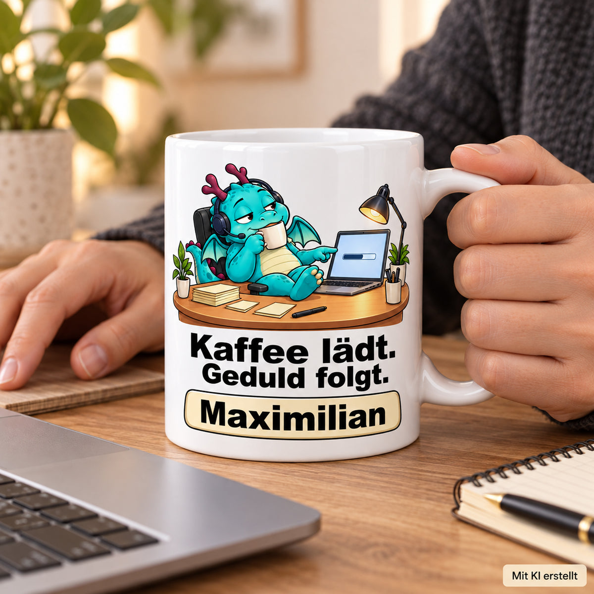 Personalisierte weiße Drachentasse mit Türkiser Headsetdrache, Spruch „Kaffee lädt. Geduld folgt.“ und Wunschname – Händeszene