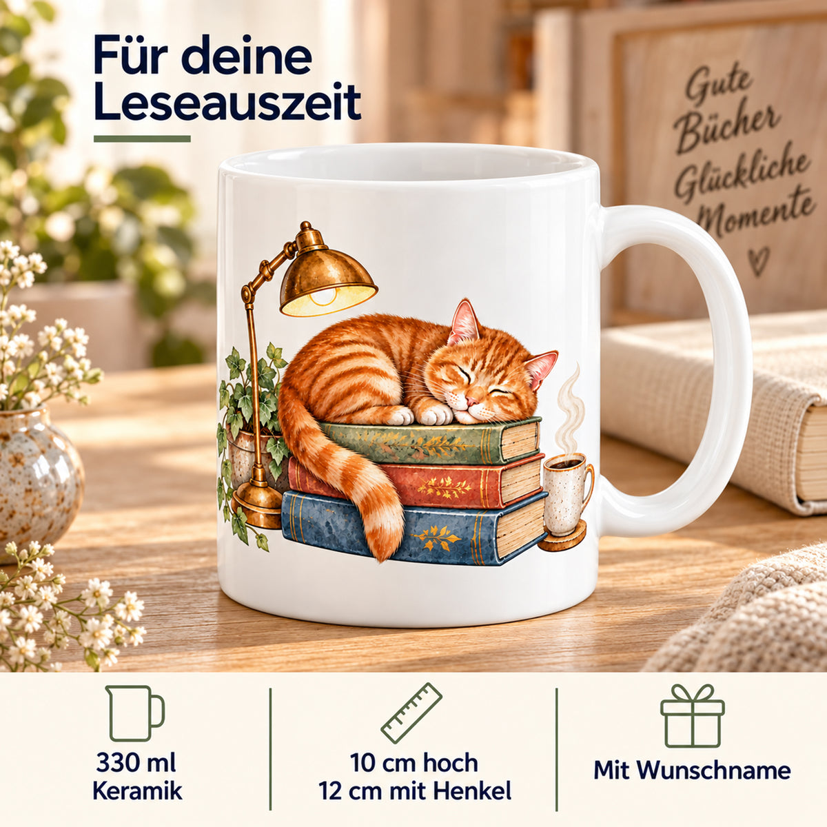 Lesetasse mit Name – Schlummerkapitel, Katze & Bücher, 330 ml – Bild 4