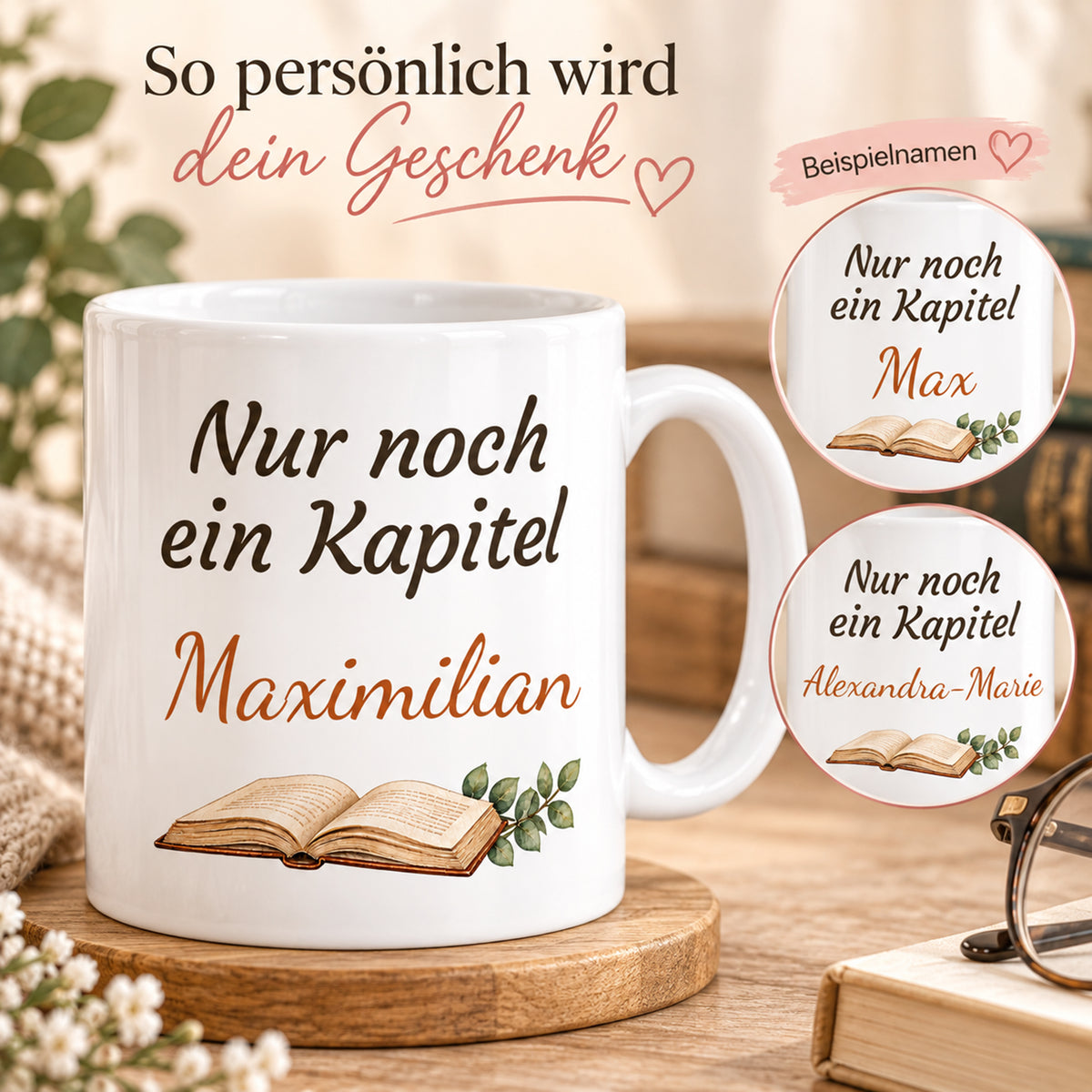 Lesetasse mit Name – Schlummerkapitel, Katze & Bücher, 330 ml – Bild 5