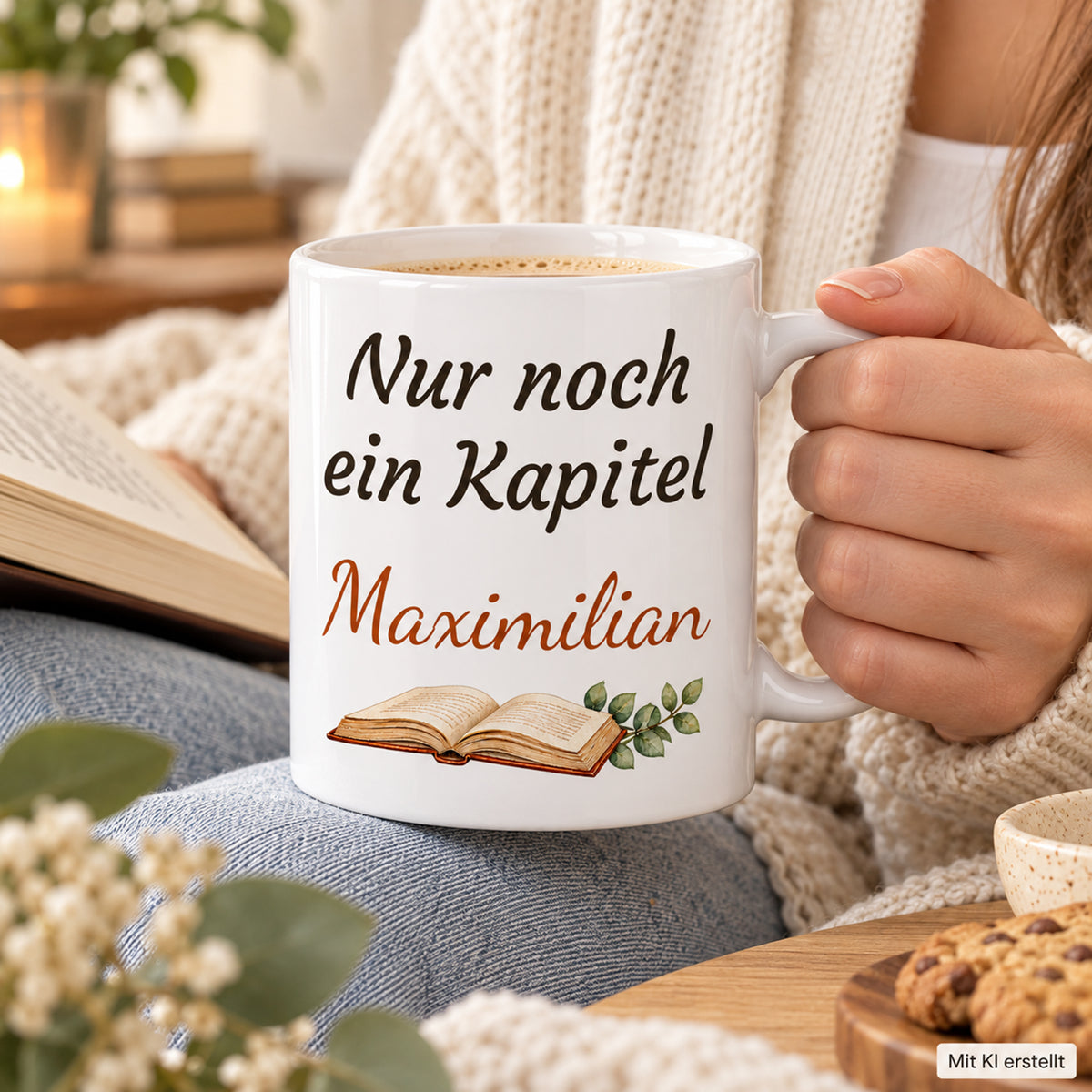 Lesetasse mit Name – Schlummerkapitel, Katze & Bücher, 330 ml – Bild 7