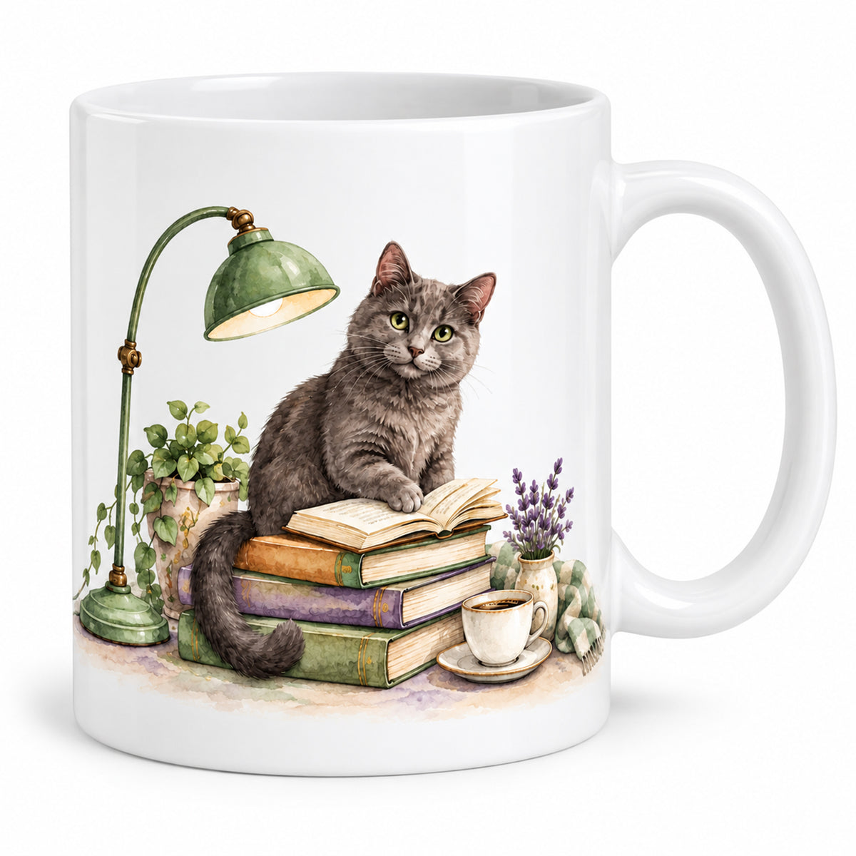 Lesetasse mit Name – Die aufmerksame Leserin, Katze & Bücher, 330 ml – Bild 1