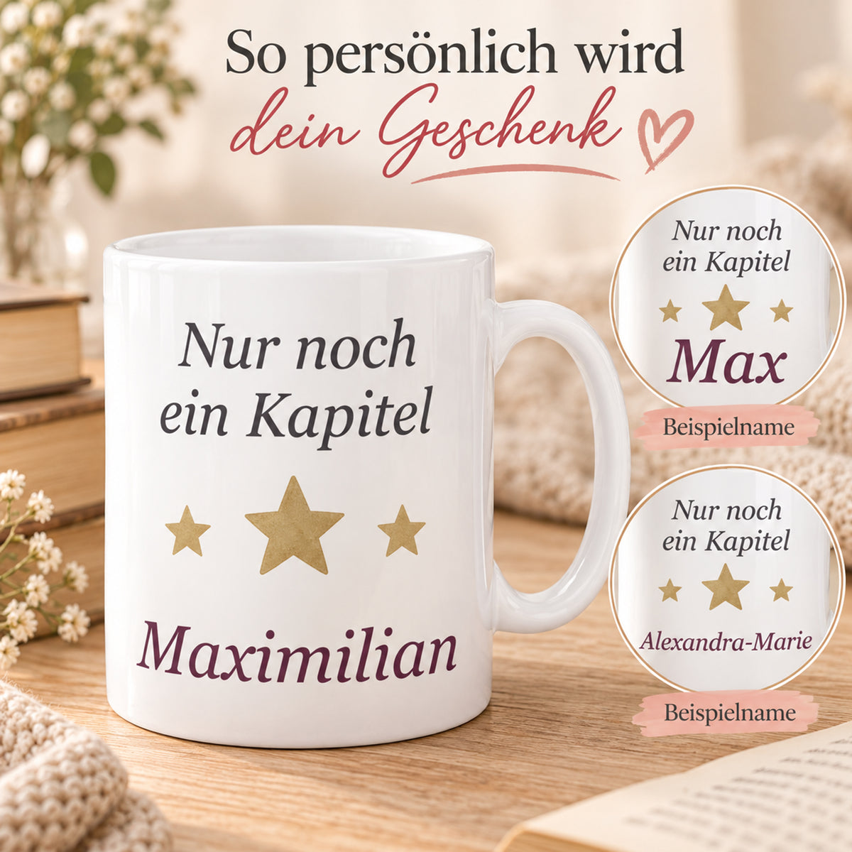 Lesetasse mit Name – Die aufmerksame Leserin, Katze & Bücher, 330 ml – Bild 5
