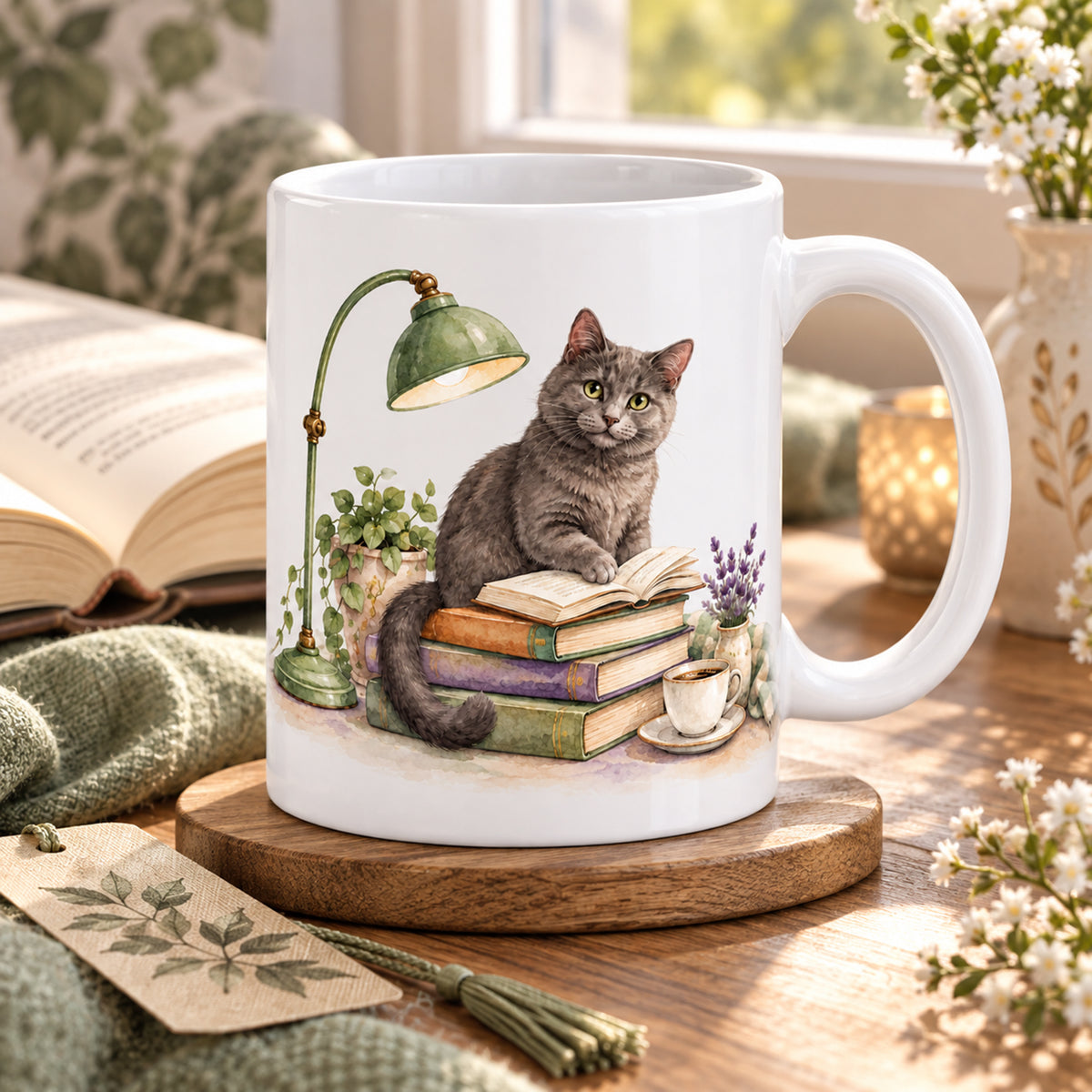 Lesetasse mit Name – Die aufmerksame Leserin, Katze & Bücher, 330 ml – Bild 8
