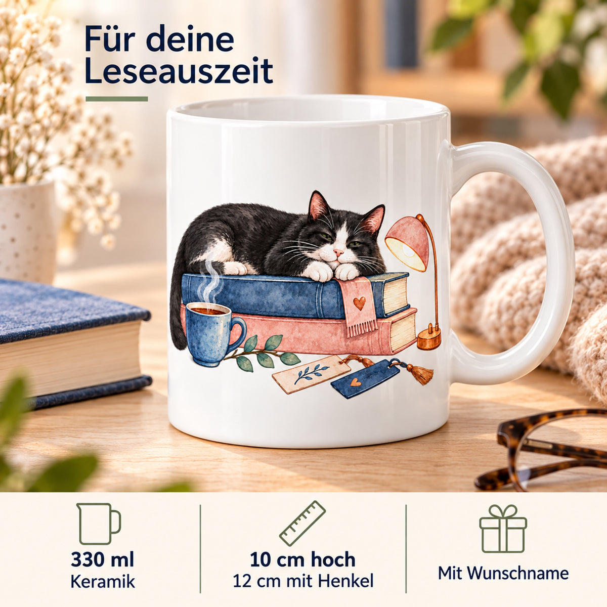 Lesetasse mit Name – Leseauszeit, Katze & Bücher, 330 ml – Bild 4