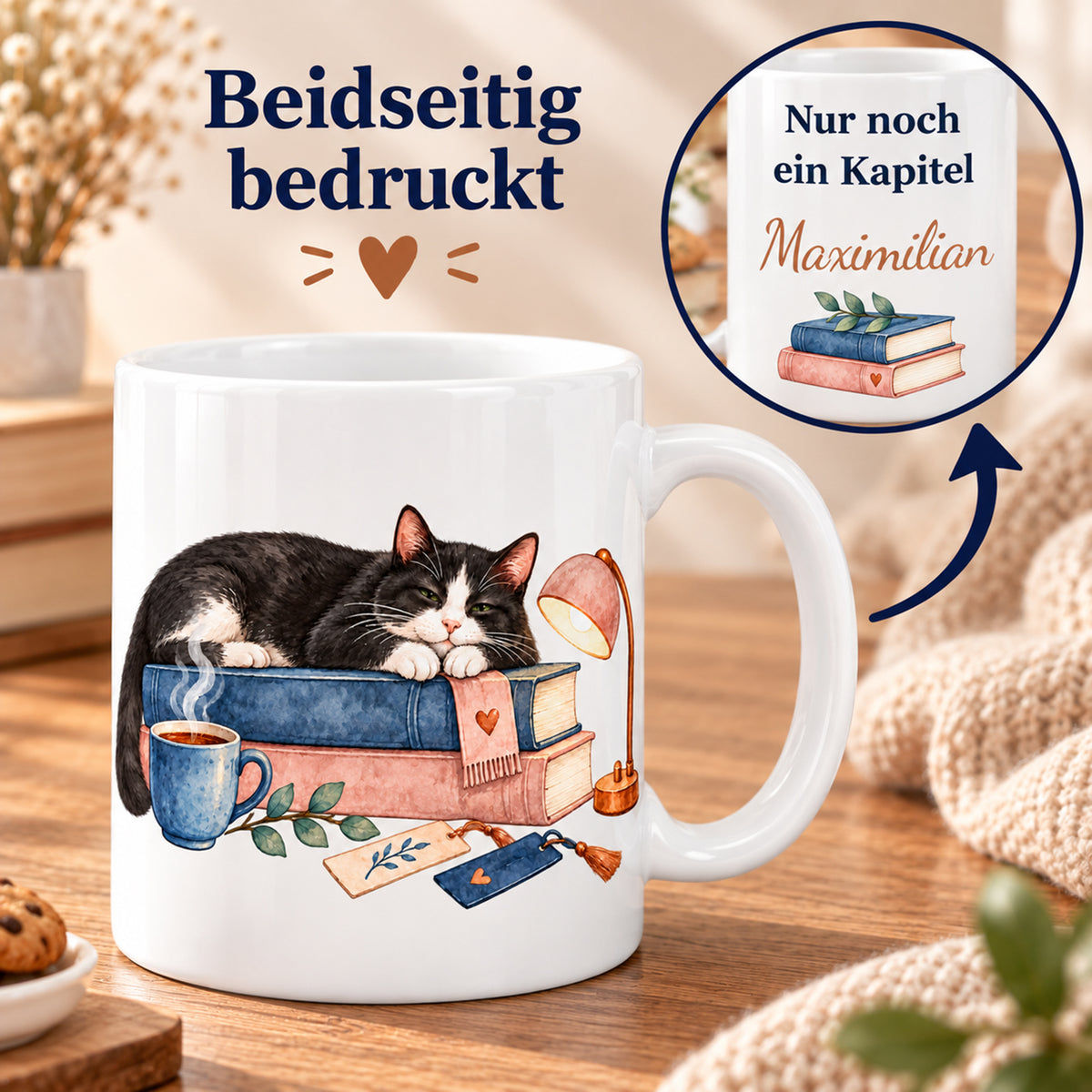 Lesetasse mit Name – Leseauszeit, Katze & Bücher, 330 ml – Bild 6