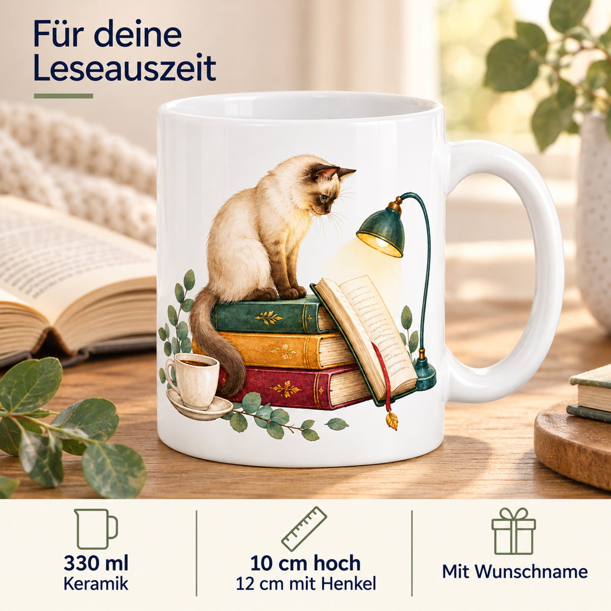 Lesetasse mit Name – Seite für Seite, Katze & Bücher, 330 ml – Bild 4
