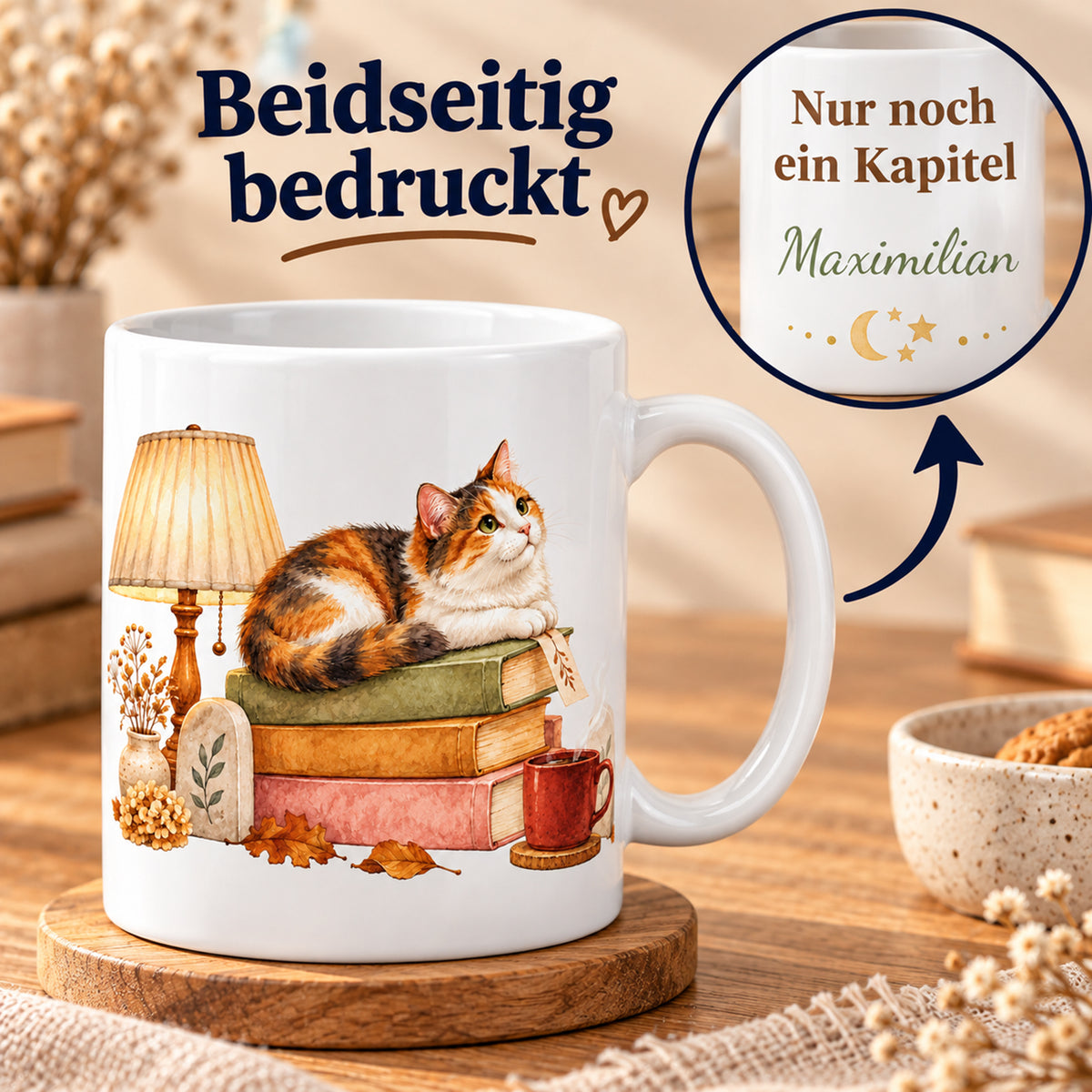 Lesetasse mit Name – Gemütlicher Bücherabend, Katze & Bücher, 330 ml – Bild 6