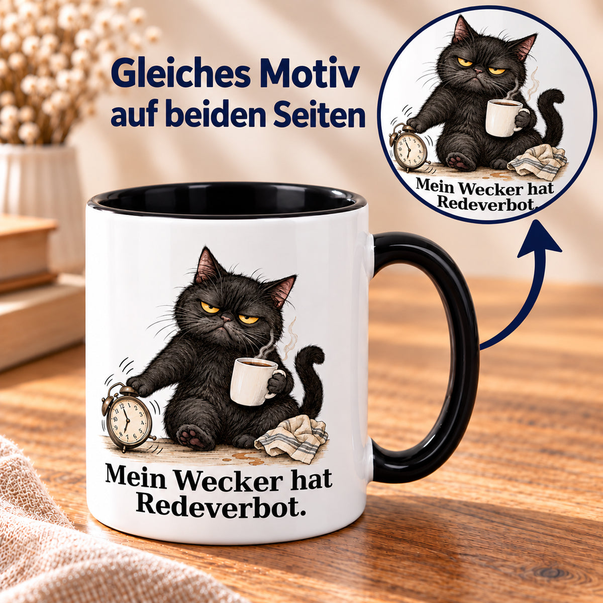Wecker auf stumm – Beidseitiger Druck: weiße Katzentasse mit schwarzem Henkel und Kaffeespruch