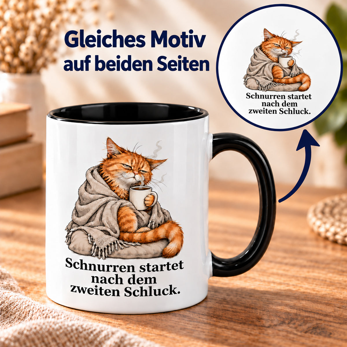 Schnurrstart – Beidseitiger Druck: weiße Katzentasse mit schwarzem Henkel und Kaffeespruch