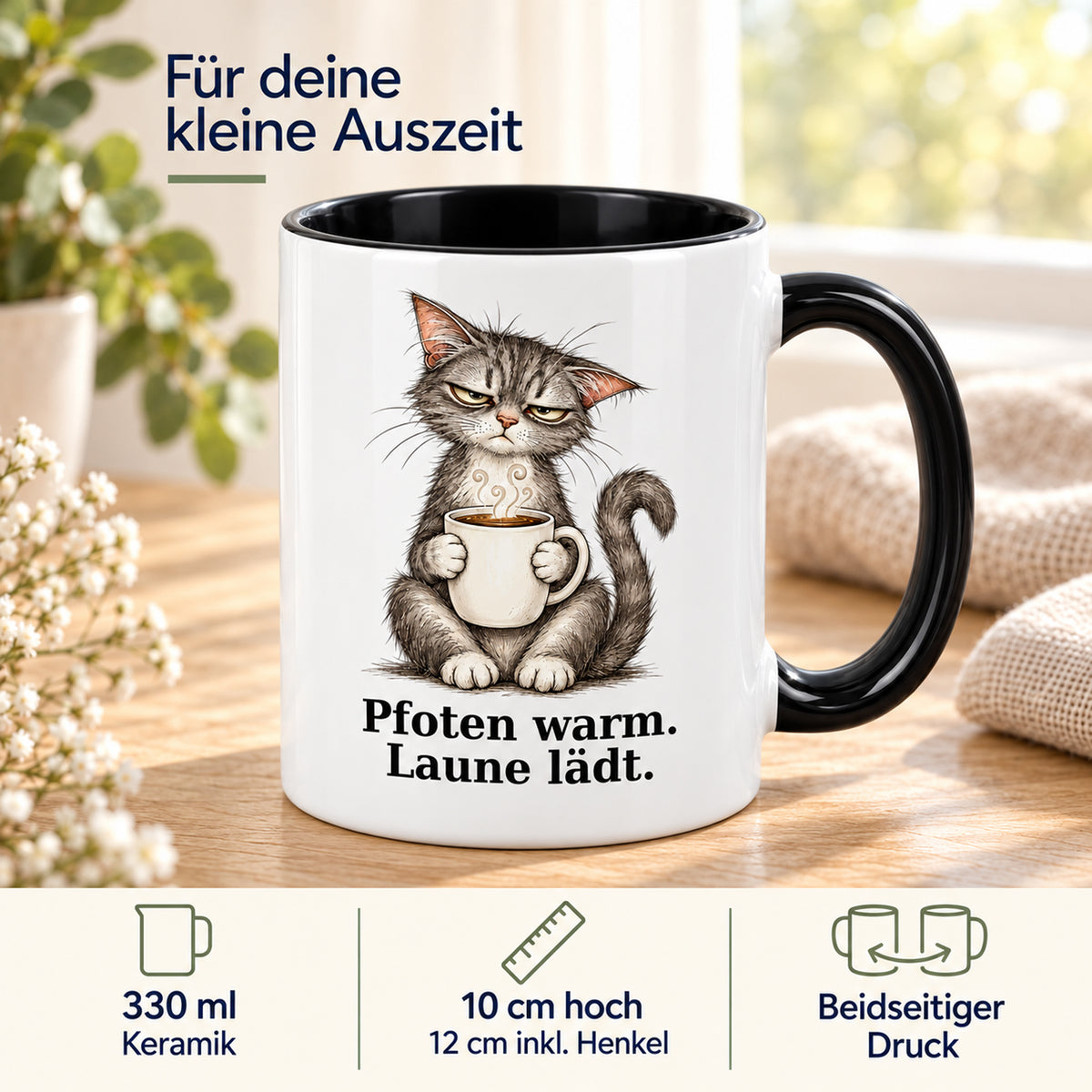 Laune lädt – Produktdetails: weiße Katzentasse mit schwarzem Henkel und Kaffeespruch