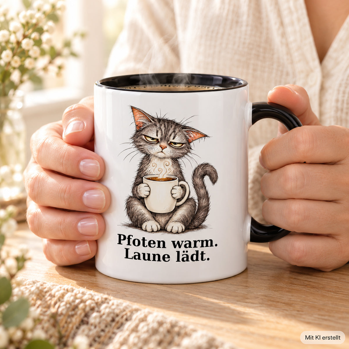 Laune lädt – Nutzungsszene mit Händen: weiße Katzentasse mit schwarzem Henkel und Kaffeespruch