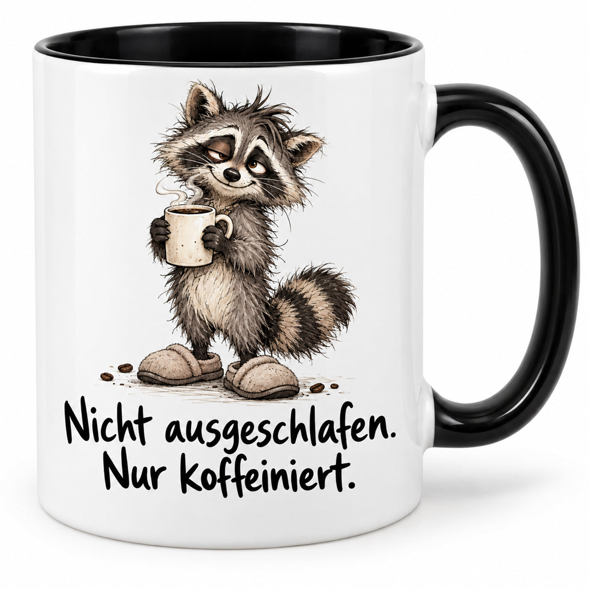 Waschbär-Tasse Morgenstart, weiß mit schwarzem Henkel und schwarzer Innenseite