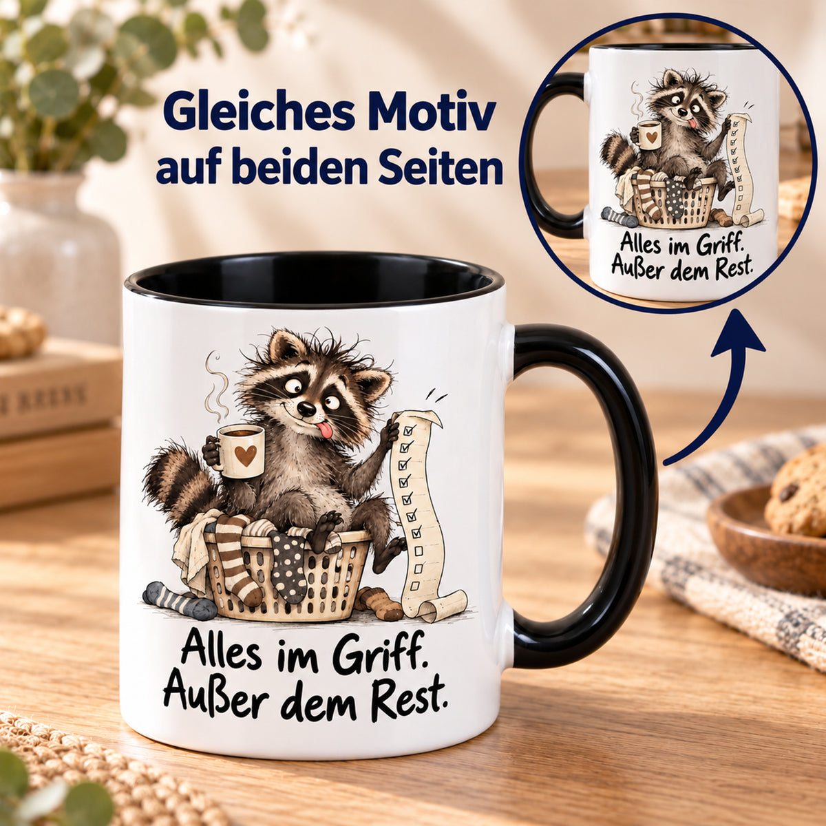 Waschbär-Tasse Alltagschaos, Ansicht 6, weiß mit schwarzem Henkel und schwarzer Innenseite