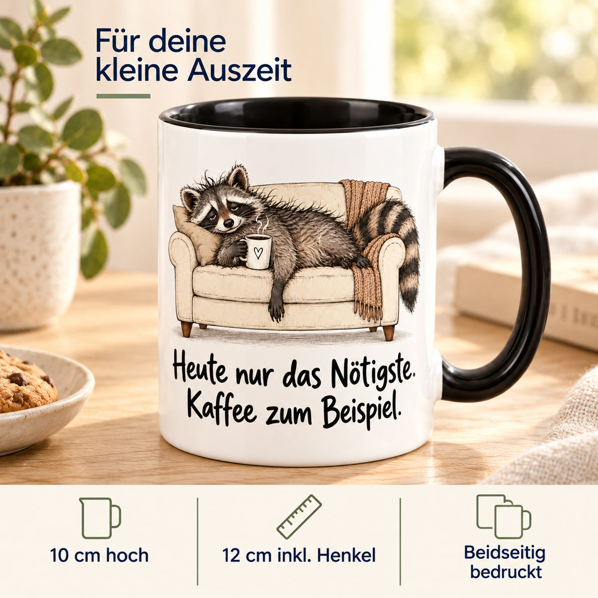 Waschbär-Tasse Überlebensmodus, Ansicht 4, weiß mit schwarzem Henkel und schwarzer Innenseite