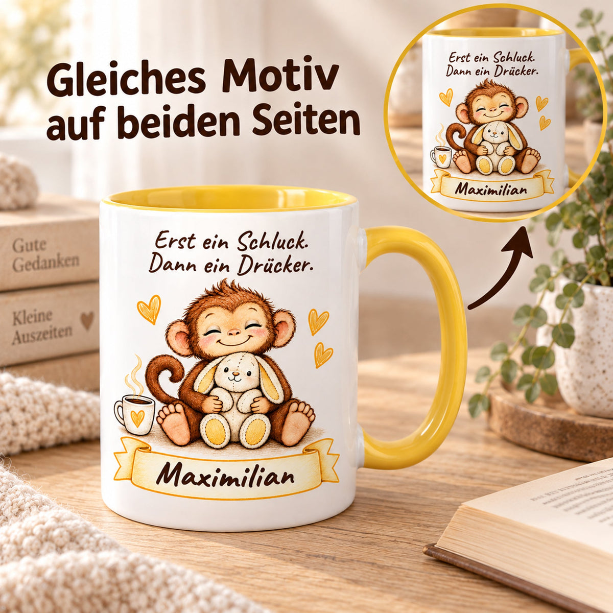 Beidseitiger Druck: gelbe personalisierte Tasse mit Baby-Affe, Motiv Schluck und Drücker, Beispielname Maximilian