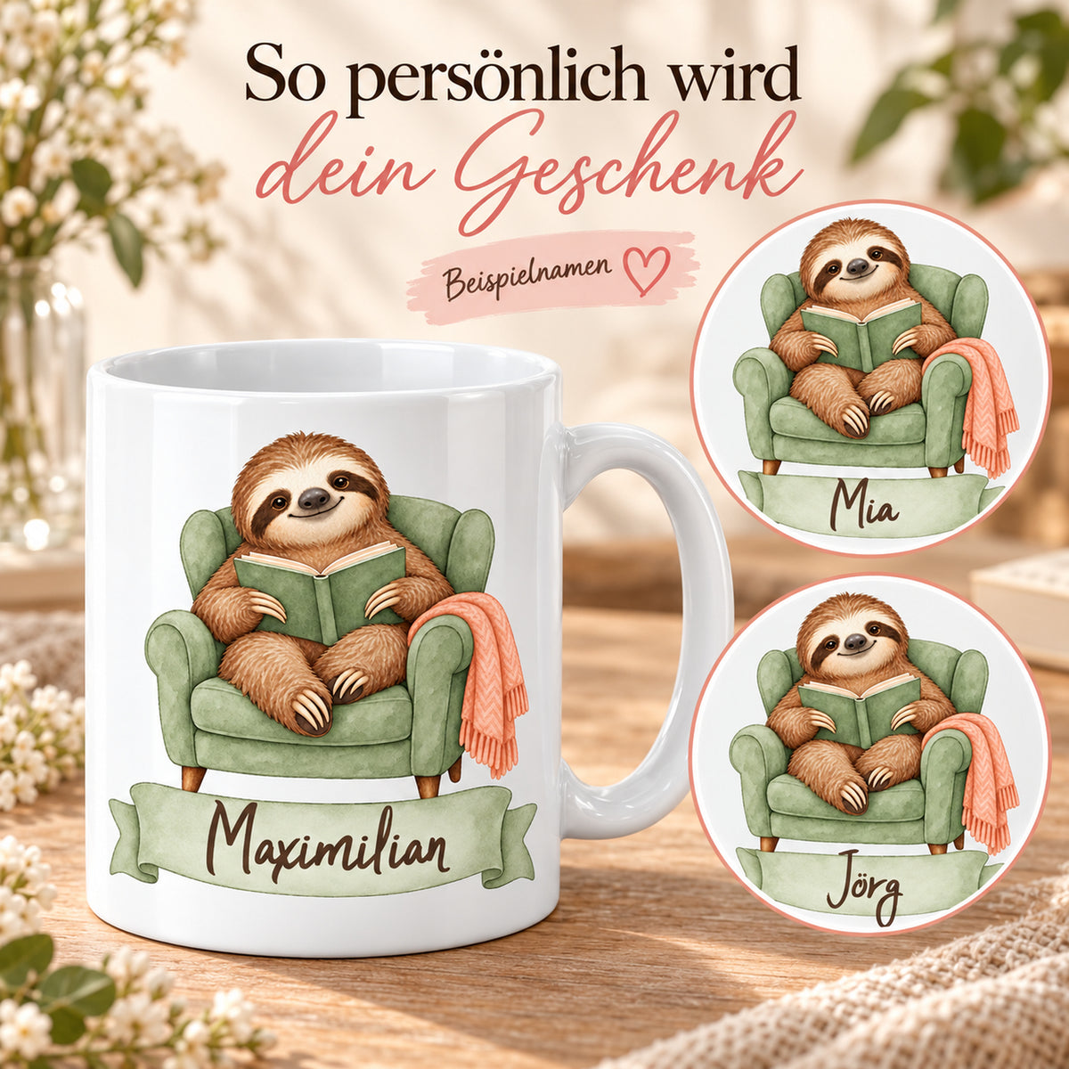 Faultier-Tasse Lesepause – Beispielnamen Mia Jörg und Maximilian