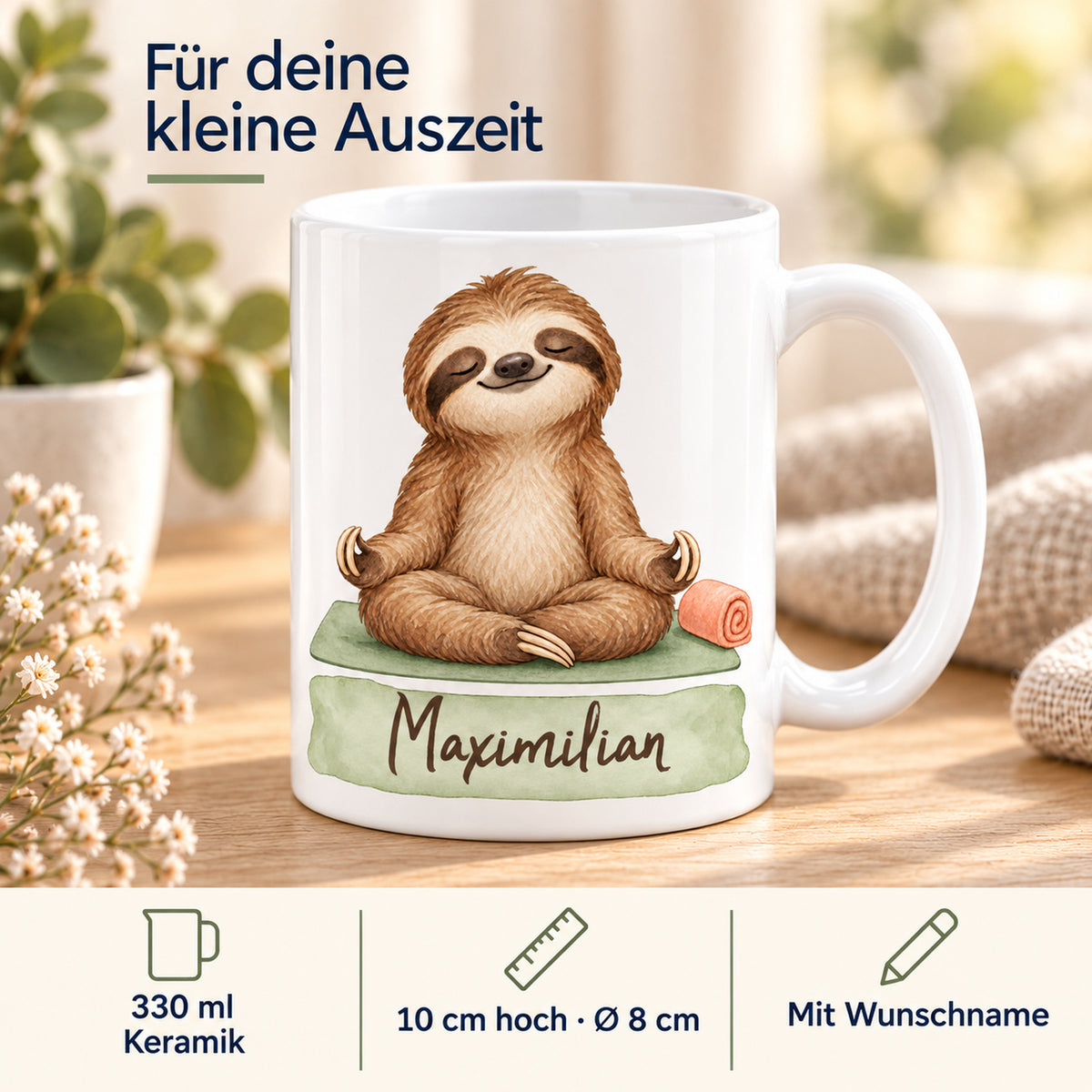 Faultier-Tasse Yoga-Auszeit – Größe und Farben