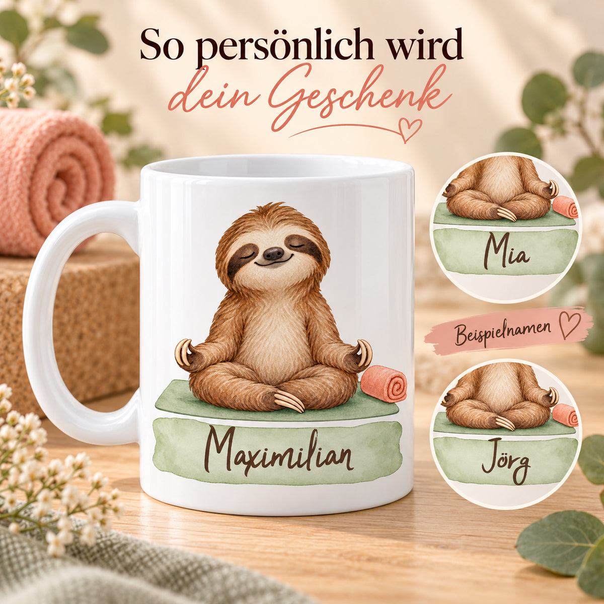 Faultier-Tasse Yoga-Auszeit – Beispielnamen Mia Jörg und Maximilian