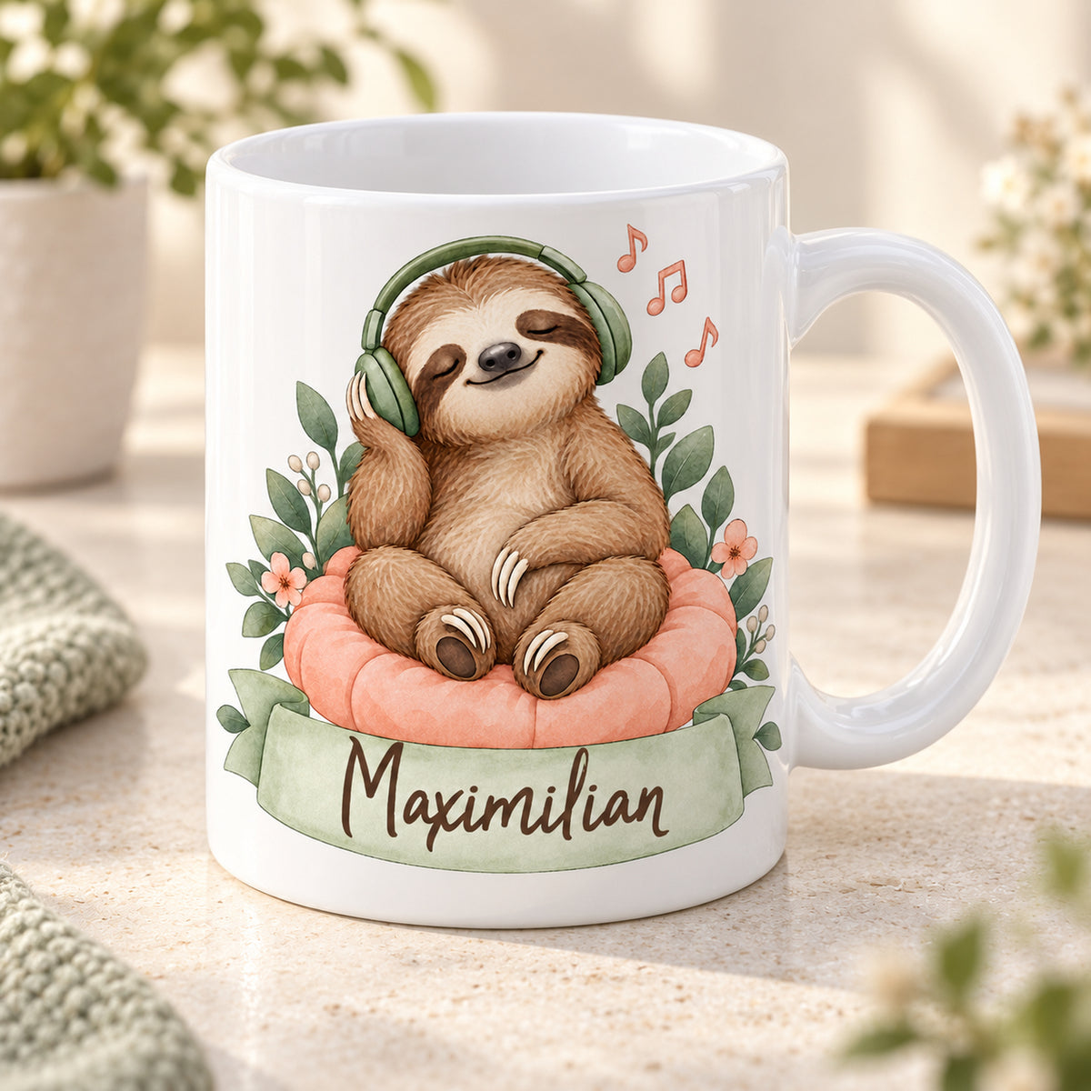 Faultier-Tasse Musik genießen – Henkelansicht