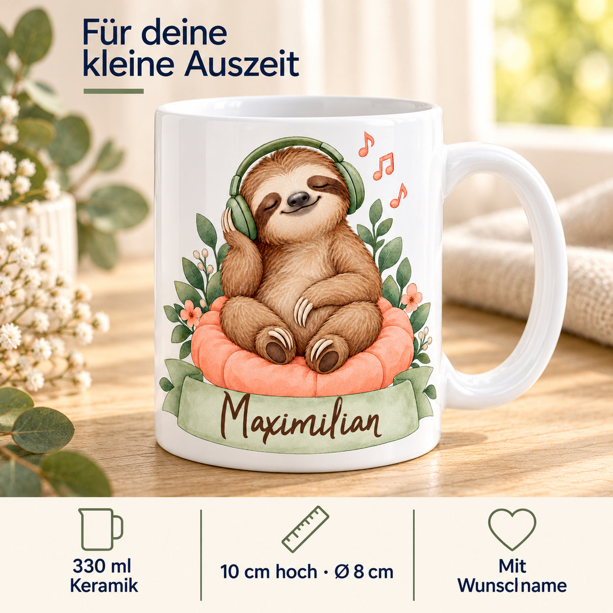 Faultier-Tasse Musik genießen – Größe und Farben