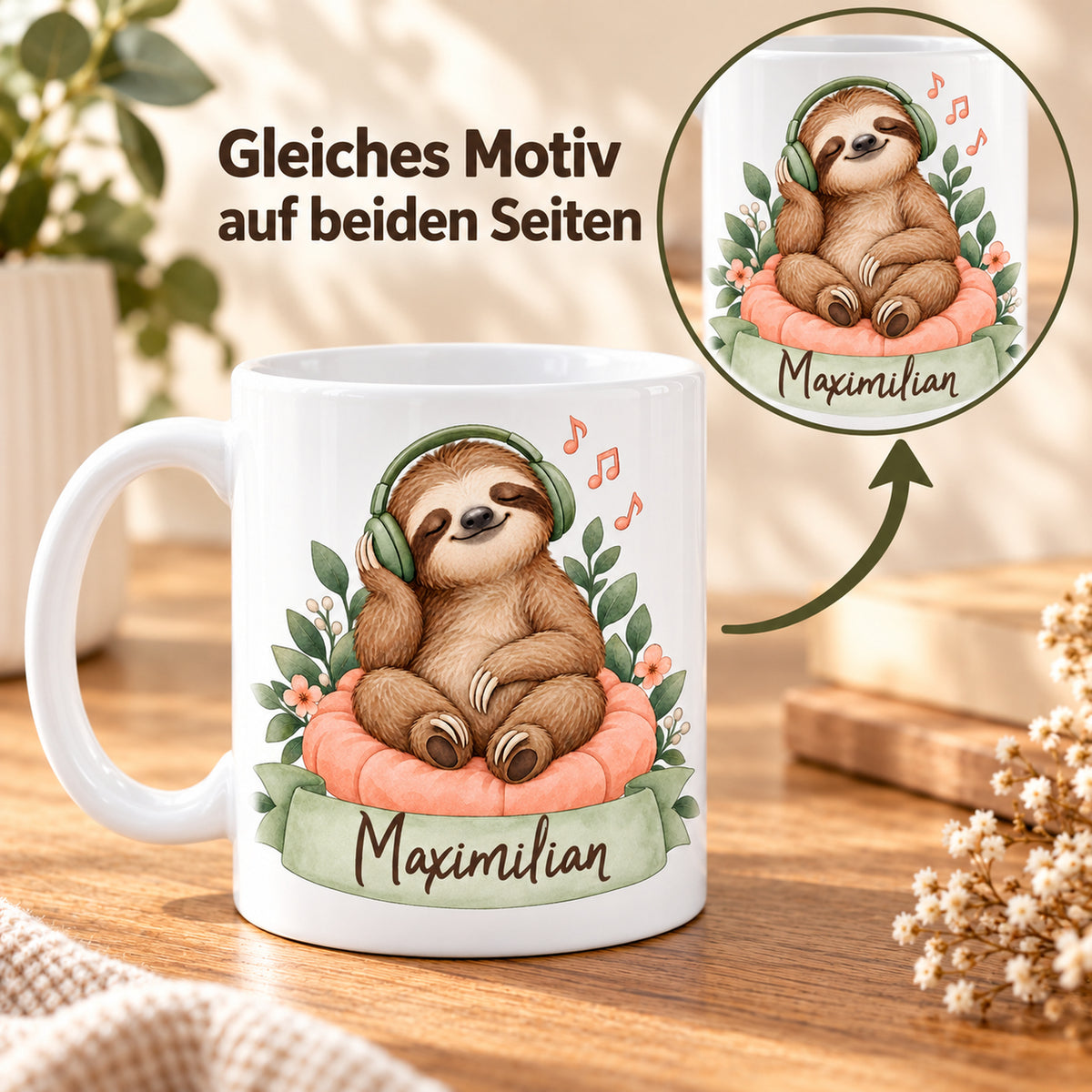 Faultier-Tasse Musik genießen – Beidseitiger Druck