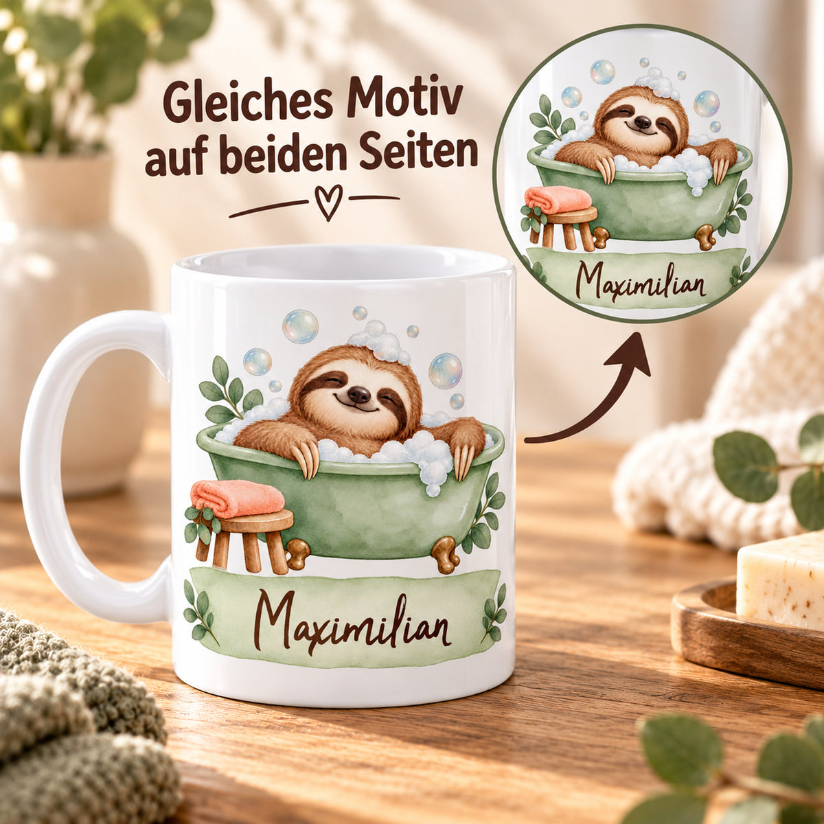 Faultier-Tasse Schaumbad – Beidseitiger Druck