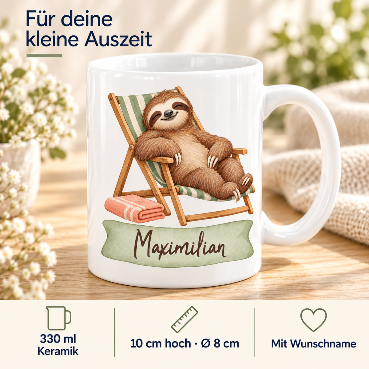 Faultier-Tasse Entspannt im Liegestuhl – Größe und Farben