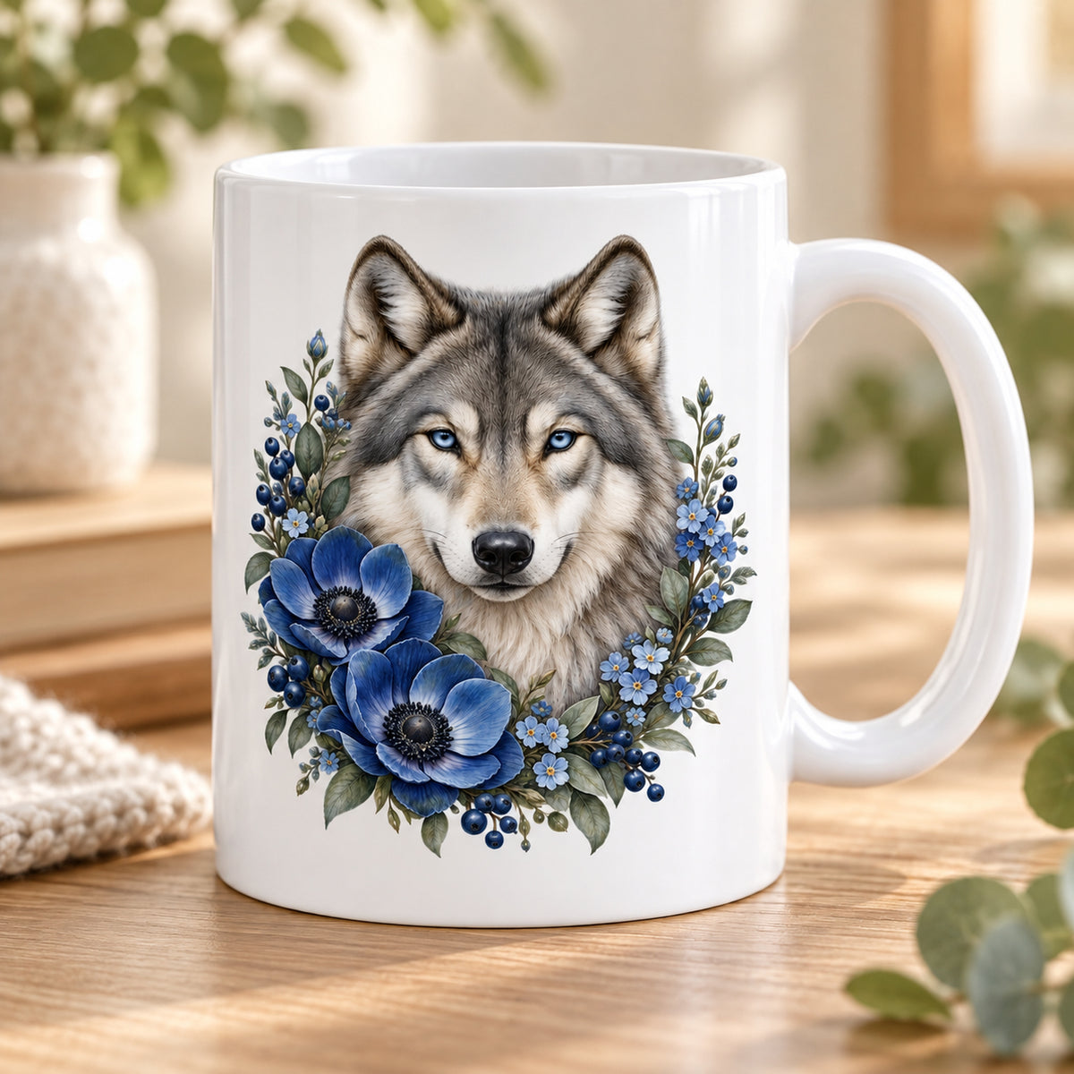 Weiße Wolf-Tasse Blauer Blütenzauber mit blauen Blumen – Detail des Wolfmotivs