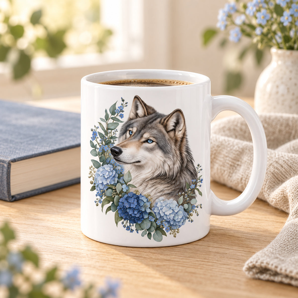 Weiße Wolf-Tasse Waldblau mit blauen Blumen – Tasse bei einer Kaffeepause