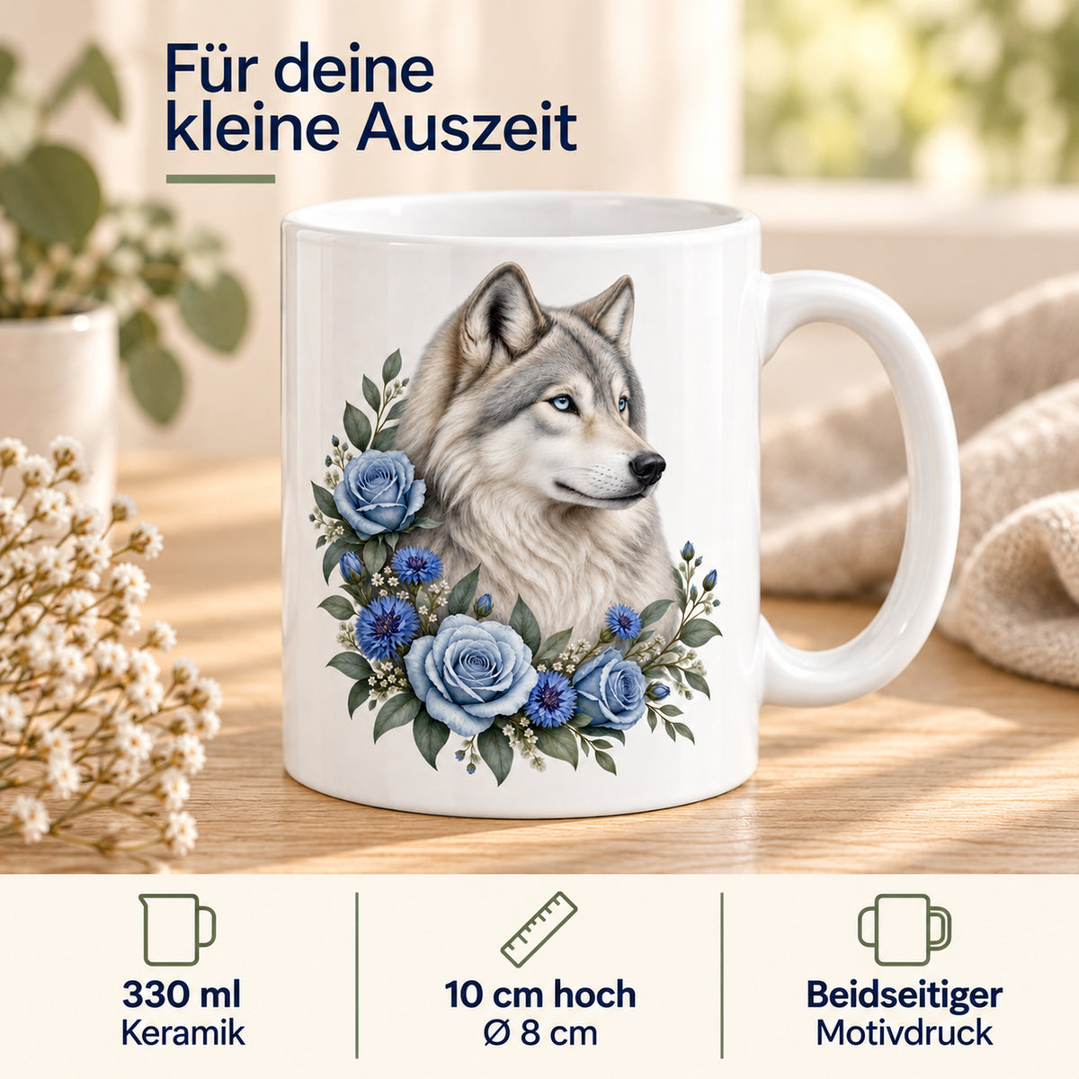 Weiße Wolf-Tasse Nordlichtblüten mit blauen Blumen – Produktdetails