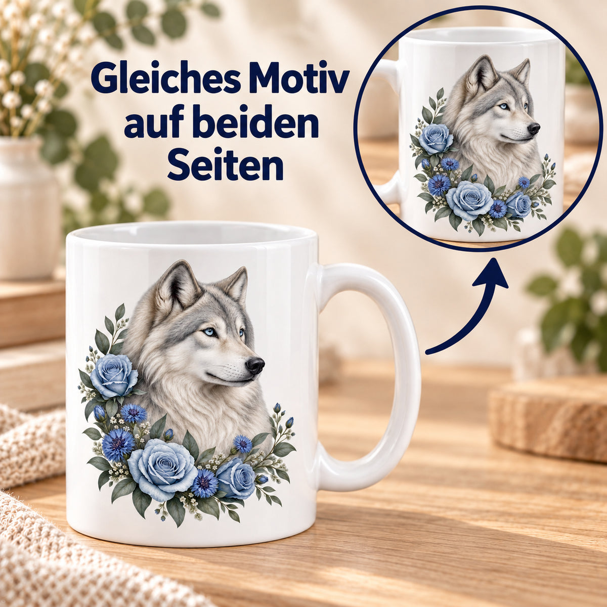 Weiße Wolf-Tasse Nordlichtblüten mit blauen Blumen – Beidseitiger Druck