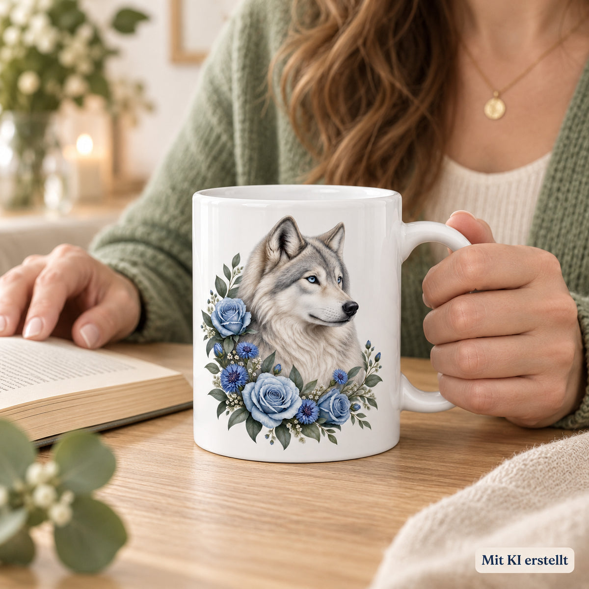 Weiße Wolf-Tasse Nordlichtblüten mit blauen Blumen – Tasse in den Händen