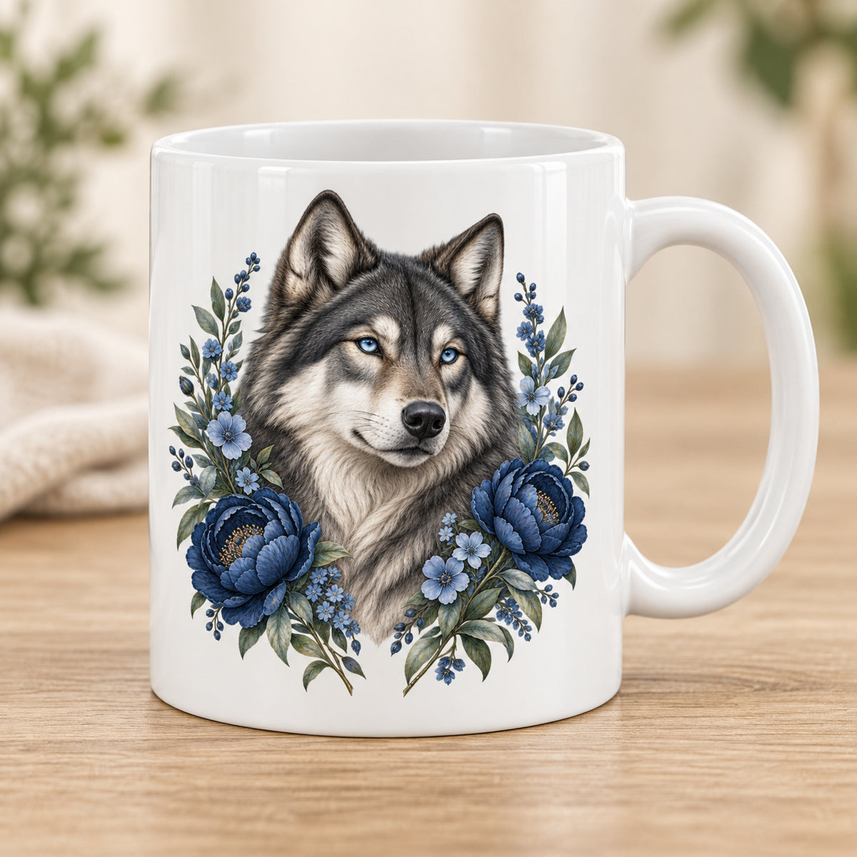 Weiße Wolf-Tasse Silbernacht mit blauen Blumen – Vorderansicht