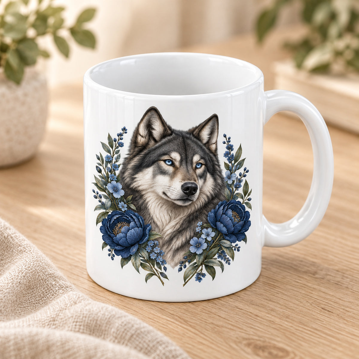 Weiße Wolf-Tasse Silbernacht mit blauen Blumen – Seitenansicht