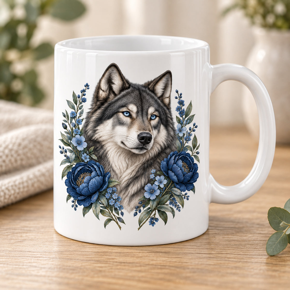 Weiße Wolf-Tasse Silbernacht mit blauen Blumen – Detail des Wolfmotivs