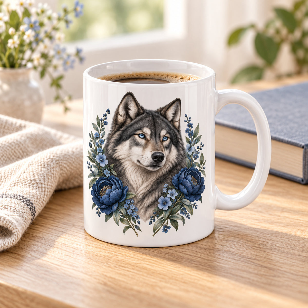 Weiße Wolf-Tasse Silbernacht mit blauen Blumen – Tasse bei einer Kaffeepause