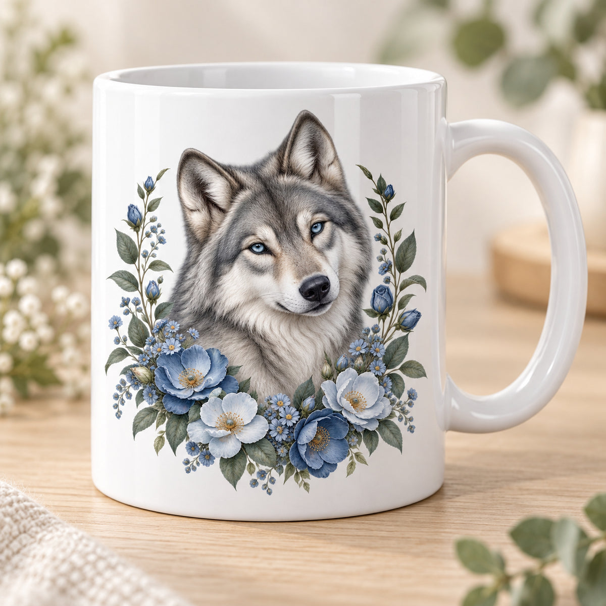 Weiße Wolf-Tasse Sanfter Blumenblick mit blauen Blumen – Vorderansicht