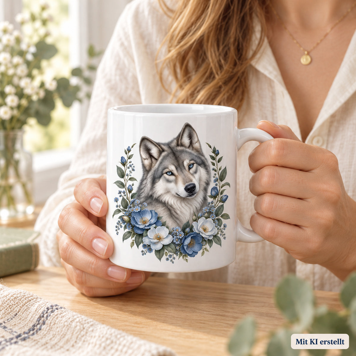 Weiße Wolf-Tasse Sanfter Blumenblick mit blauen Blumen – Tasse in den Händen