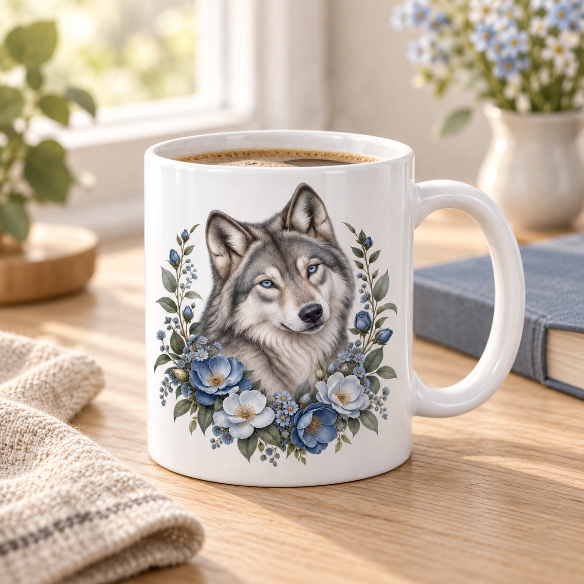 Weiße Wolf-Tasse Sanfter Blumenblick mit blauen Blumen – Tasse bei einer Kaffeepause