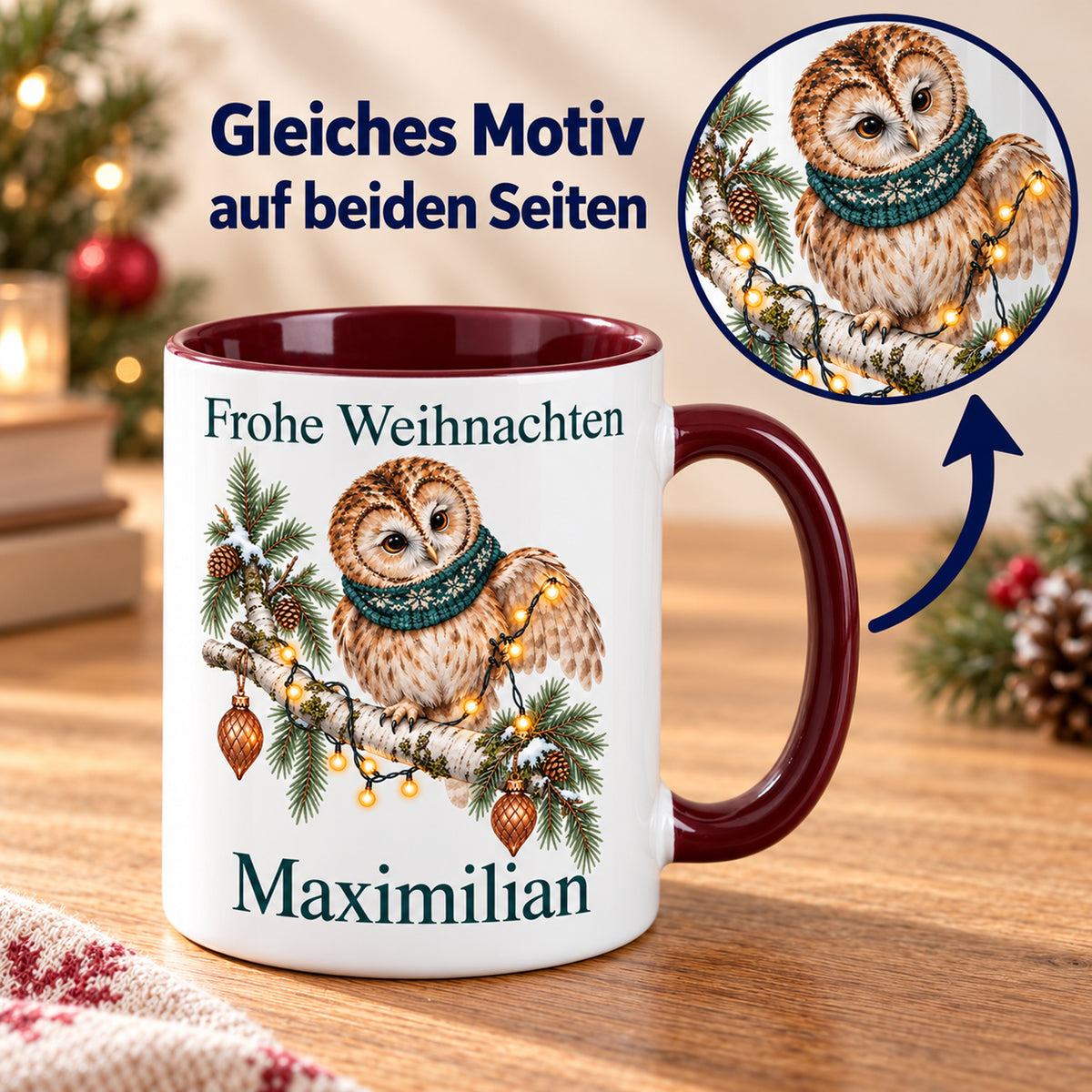 Eule – Beidseitiger Druck der personalisierten Weihnachtstasse