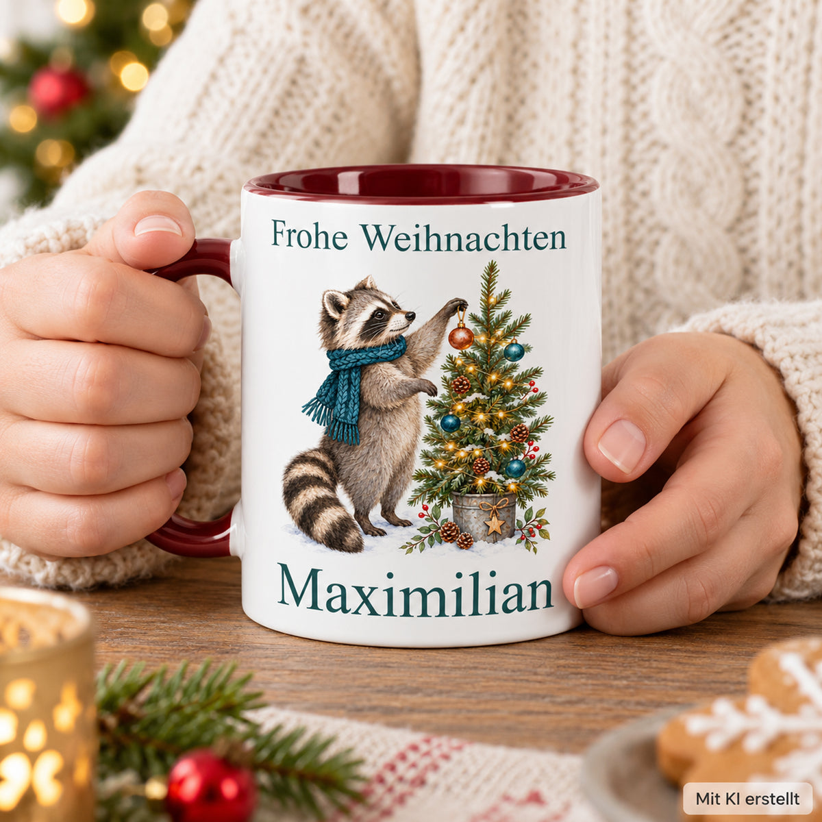 Waschbär – Tasse in Händen der personalisierten Weihnachtstasse