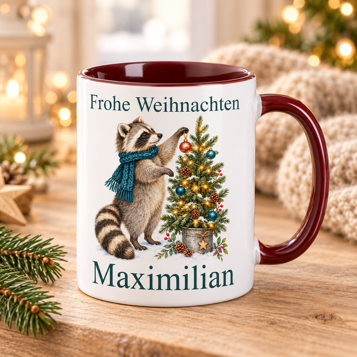 Waschbär – Weihnachtsszene der personalisierten Weihnachtstasse