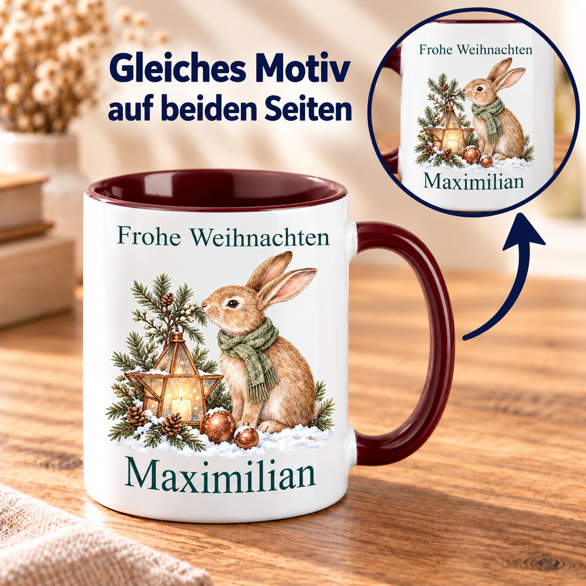 Hase – Beidseitiger Druck der personalisierten Weihnachtstasse