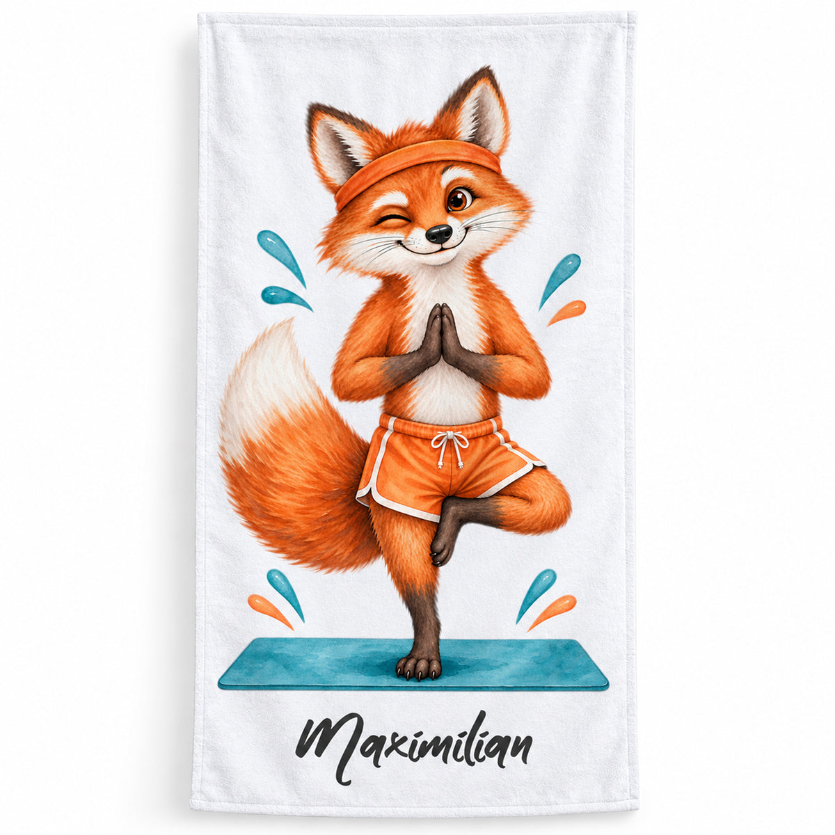 Personalisiertes Handtuch mit Yoga-Fuchs und Wunschname Maximilian