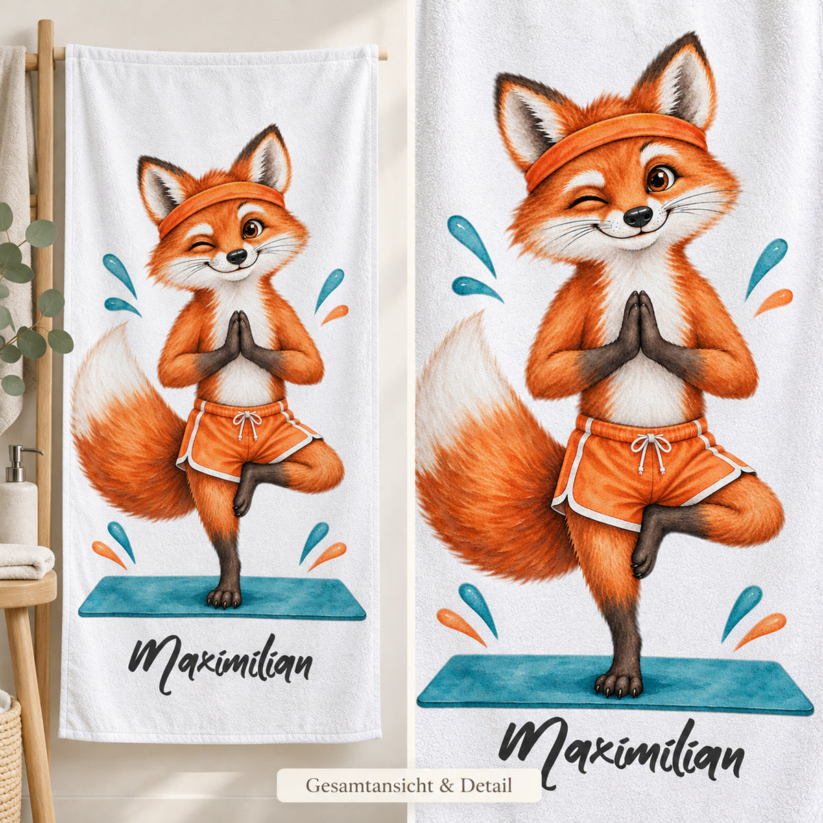 Personalisiertes Handtuch mit Yoga-Fuchs und Wunschname – Ansicht 6
