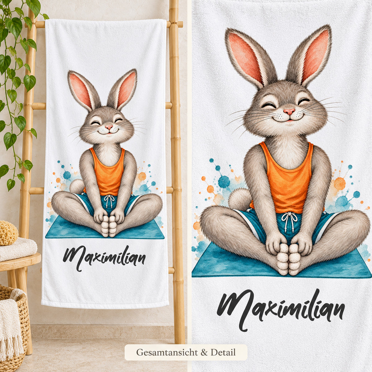 Personalisiertes Handtuch mit Yoga-Hase und Wunschname – Ansicht 6