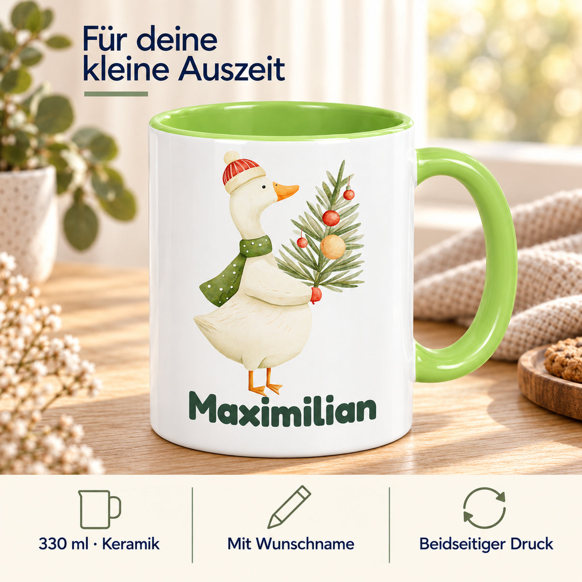 Produktdetails der hellgrünen Gänsetasse: Keramik und 330 ml