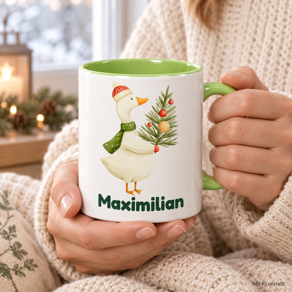 Hellgrüne Tasse mit Gans mit Tannenzweig und Maximilian in einer Nutzungsszene