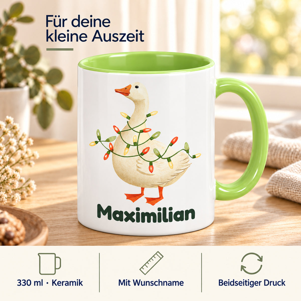 Produktdetails der hellgrünen Gänsetasse: Keramik und 330 ml